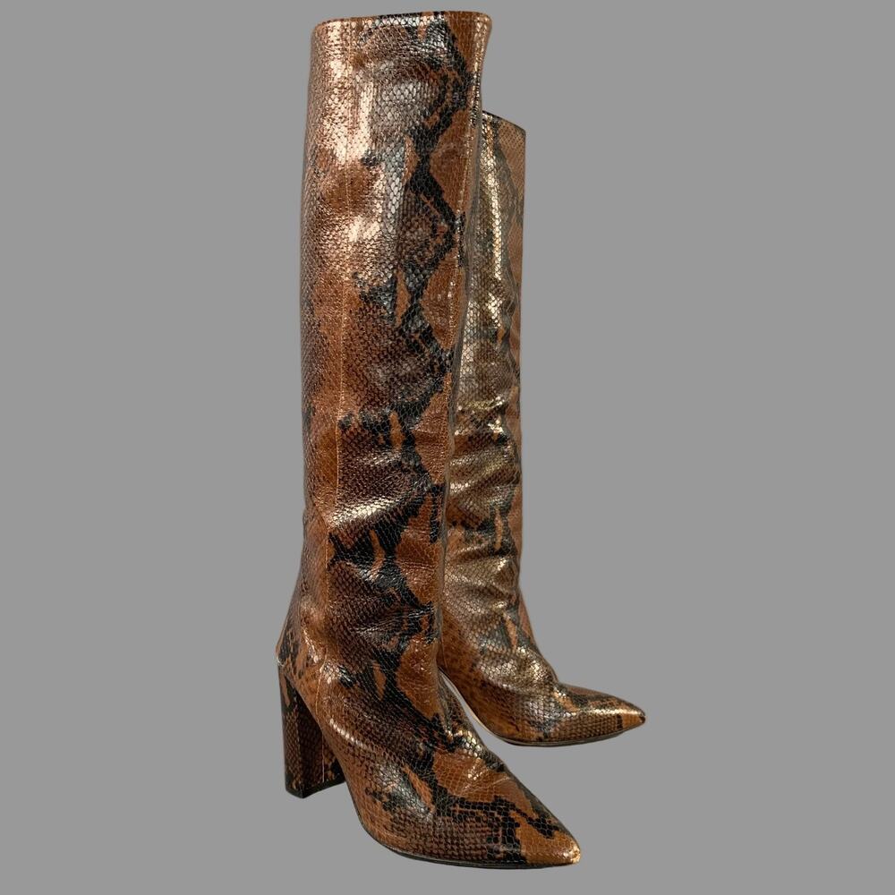 PARIS TEXAS Size 11 Brown Black Leather Snake Embossed Pointed Toe Boots